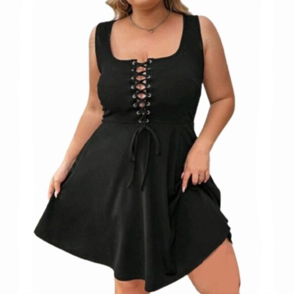 MIDNITE BLACK ☆ LACE-UP FRONT ☆ SKATER DRESS ☆ 5x ☆ NWT - Picture 2 of 8